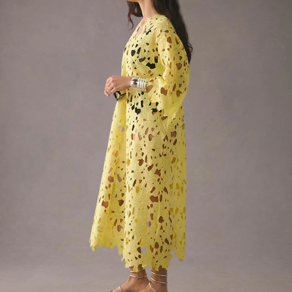 Women's comfortable V-neck midi dress with beautiful floral embroidery & stylish bell sleeves for summer.