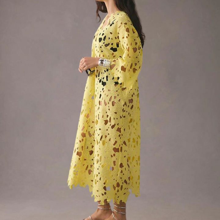 Women's comfortable V-neck midi dress with beautiful floral embroidery & stylish bell sleeves for summer.