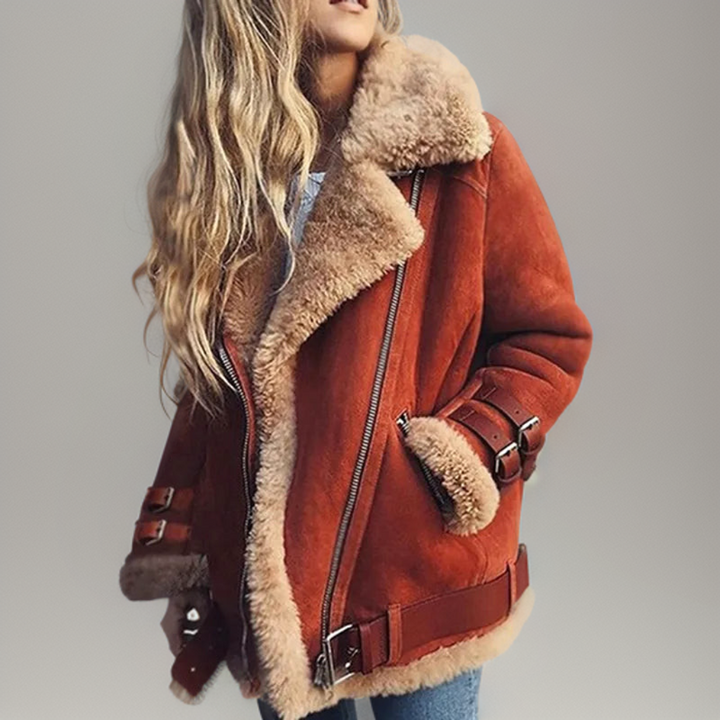 Elegant women's fall/winter coat with chic leather accents and a tailored fit. Perfect for stylish outerwear.