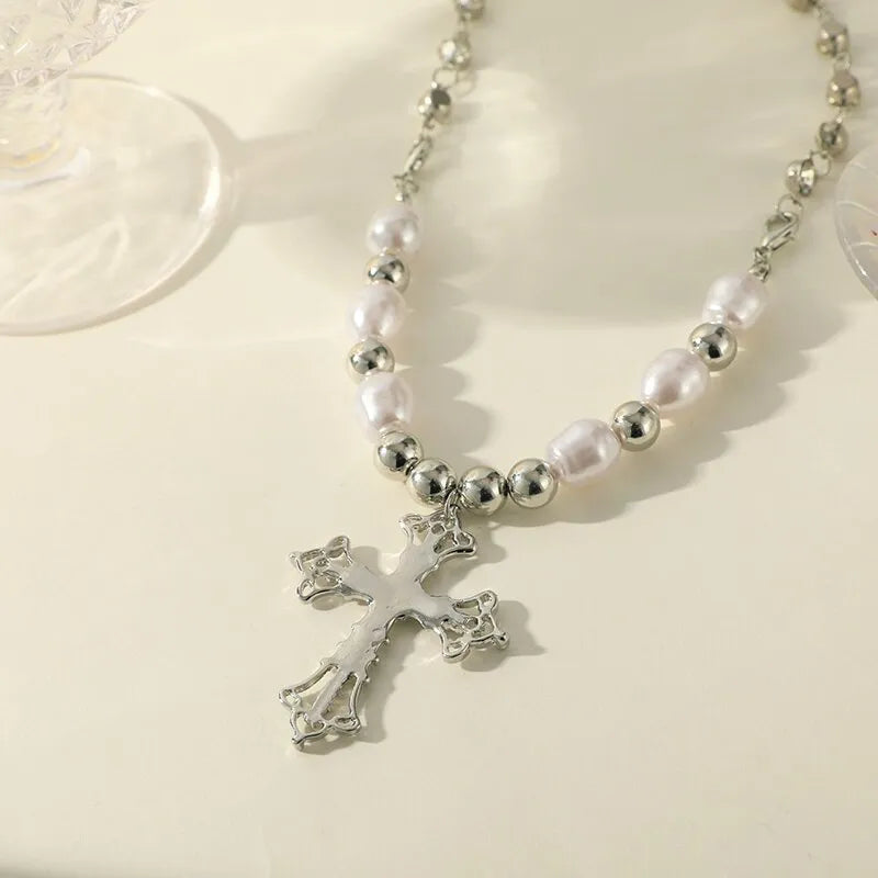 Timeless women's elegant faux pearl cross pendant necklace, an ideal dainty jewelry gift for her special occasions.