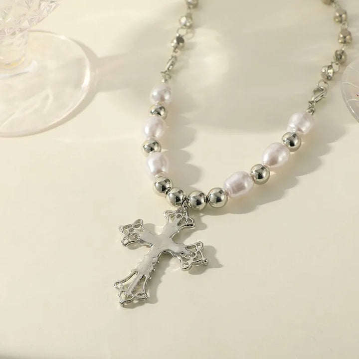 Timeless women's elegant faux pearl cross pendant necklace, an ideal dainty jewelry gift for her special occasions.