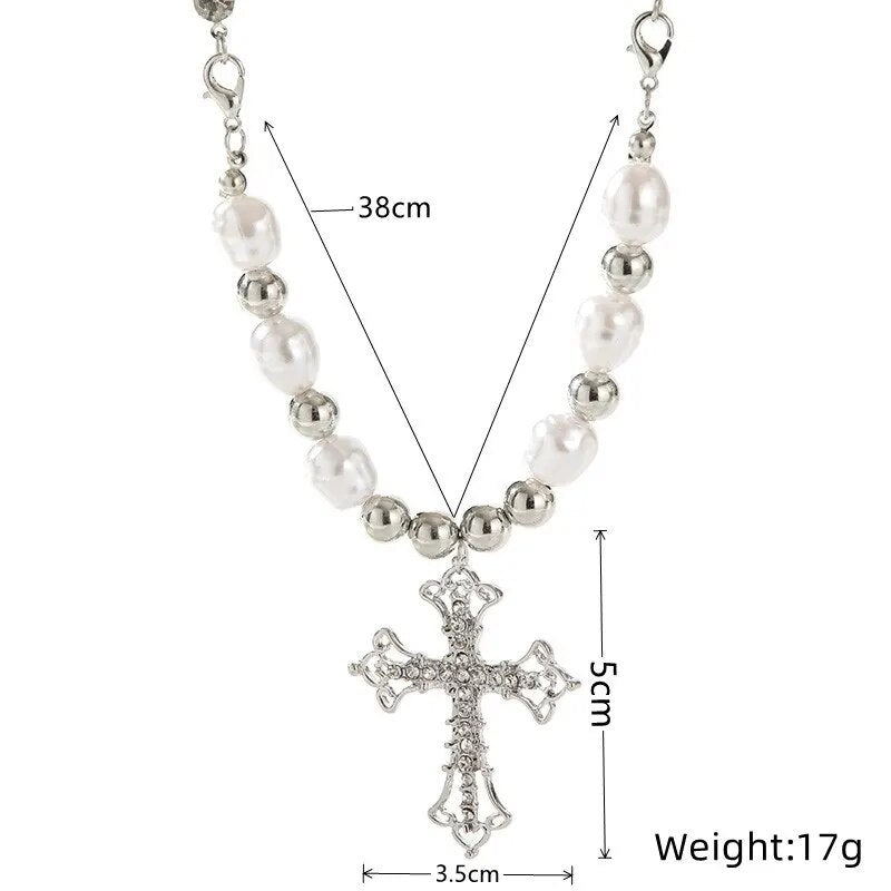 Beautiful faux pearl cross pendant on a delicate chain, an elegant women's necklace with a timeless design.