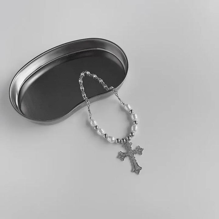 Simple yet elegant women's faux pearl cross pendant necklace, a timeless and dainty fashion jewelry staple for her.