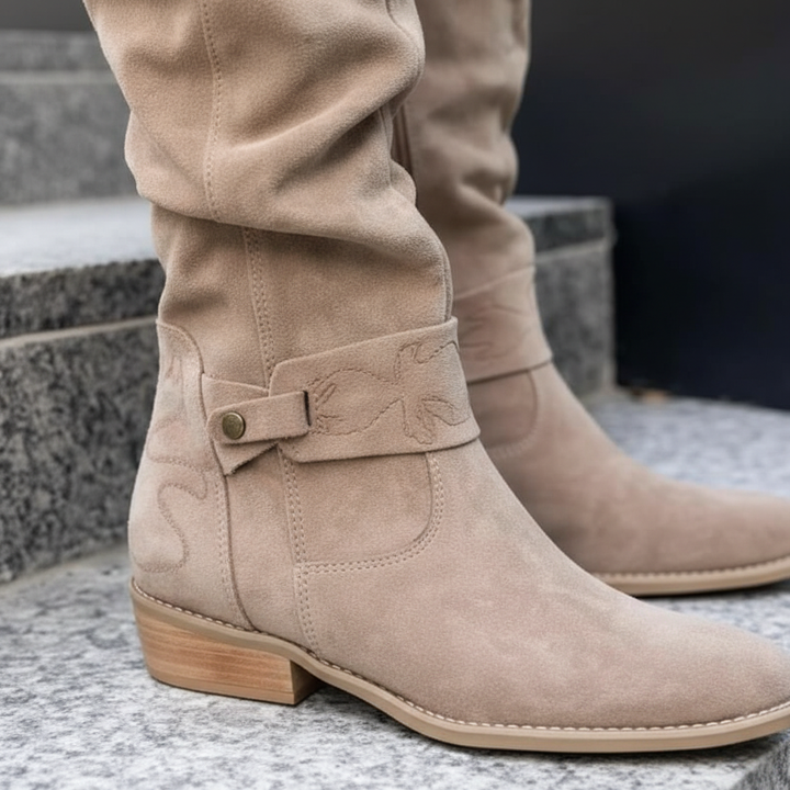 Close-up of women's black faux suede winter boots, showcasing elegant design and block heel