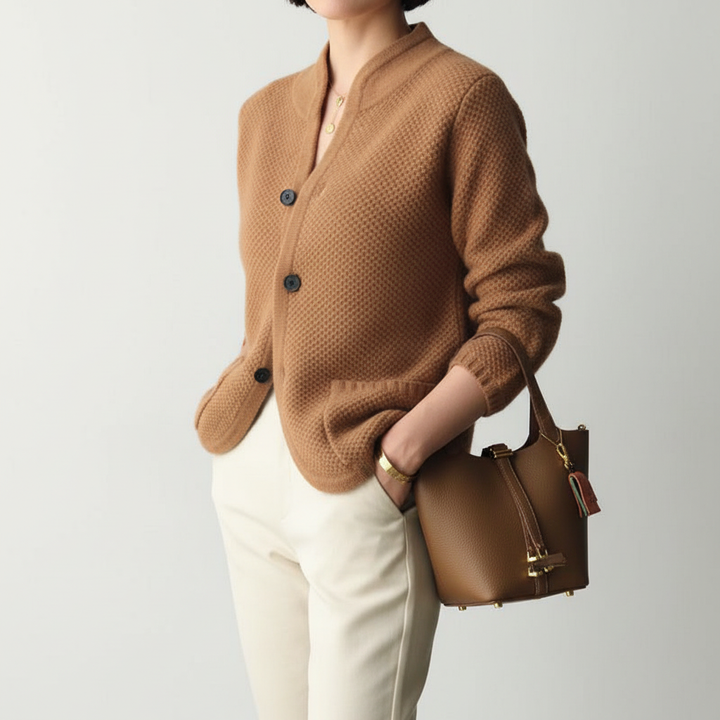 Luxurious figure-hugging 'Tanya' cashmere cardigan, a soft knit for an elegant silhouette & timeless style