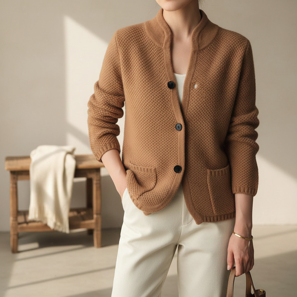 Elegant women's fitted knit cardigan in soft cashmere blend, perfect for versatile winter fashion