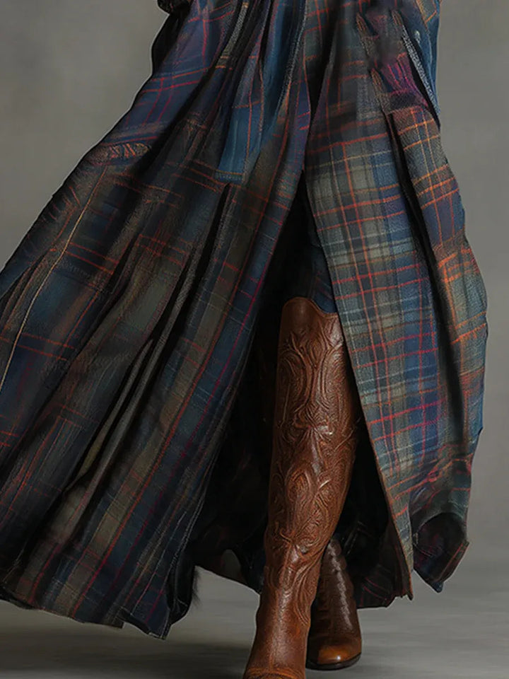Women's elegant plaid maxi dress featuring a stand collar and full skirt, ideal for formal occasion wear.