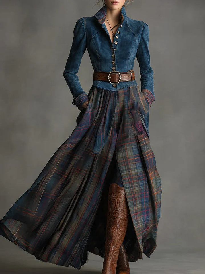 Fitted elegant women's plaid maxi dress with long sleeves and full skirt, a stylish choice for fall/winter.