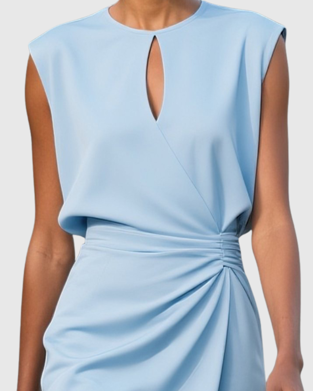 Stylish sleeveless midi dress for women. Features a chic keyhole neckline, fitted bodycon, and elegant side gathers.