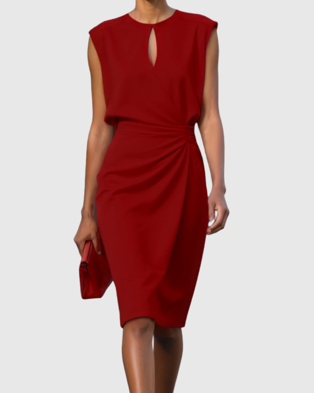 High-quality fabric on women's fitted sleeveless midi dress. Elegant side gathers, comfortable bodycon fit for all-day wear.