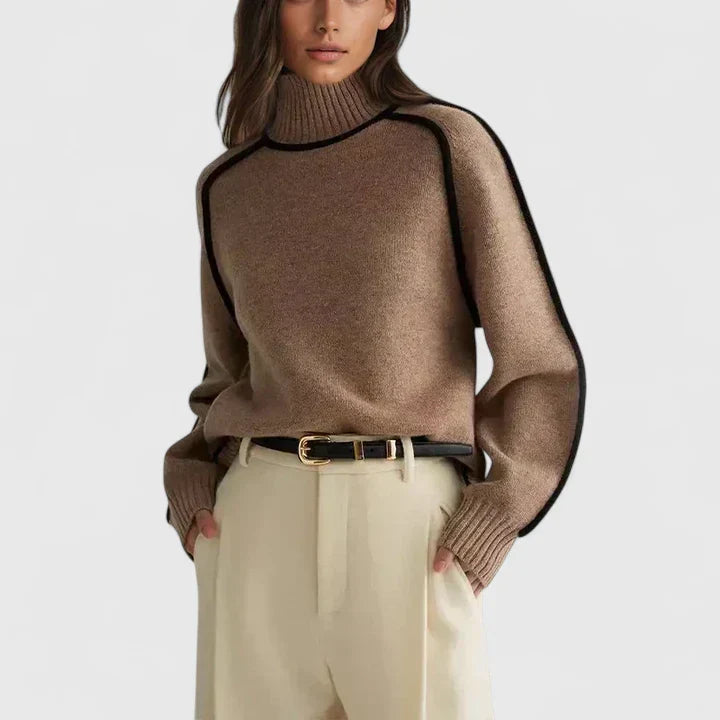 Elegant women's fitted sweater in classic brown, featuring a chic round neck and long sleeves for timeless fall & winter style.