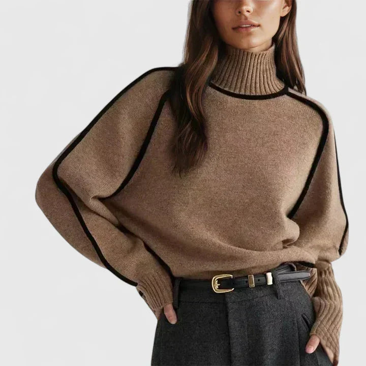 Chic women's fitted long-sleeve sweater, a classic round neck top for elegant fall fashion and cozy winter style.