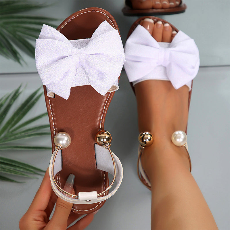 Women's comfortable flat summer sandals, elegant design with a charming bow & exquisite beadwork.