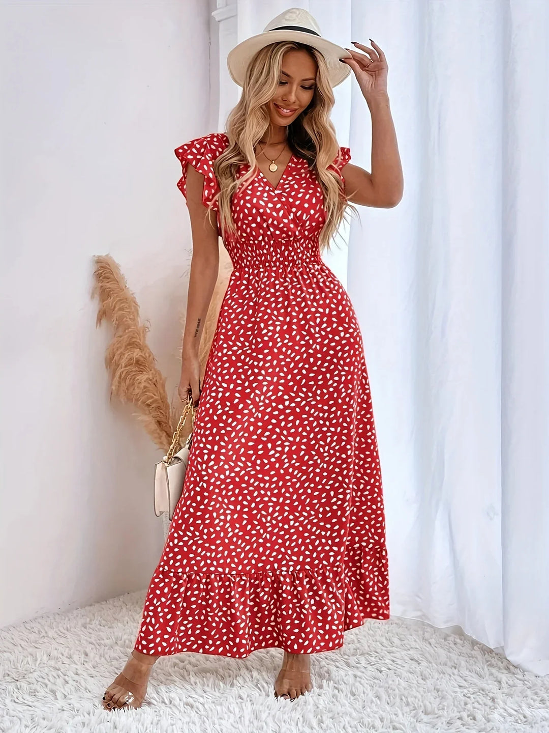 Elegant and trendy women's flora print midi dress, featuring stylish ruffles.