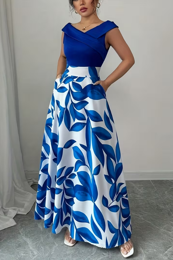 Elegant women's floral A-line maxi dress with V-neck & functional pockets, perfect for summer casual or vacation.