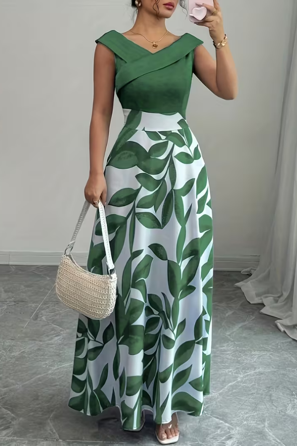 Flowy women's floral A-line maxi dress, an elegant V-neck summer day dress with practical pockets.