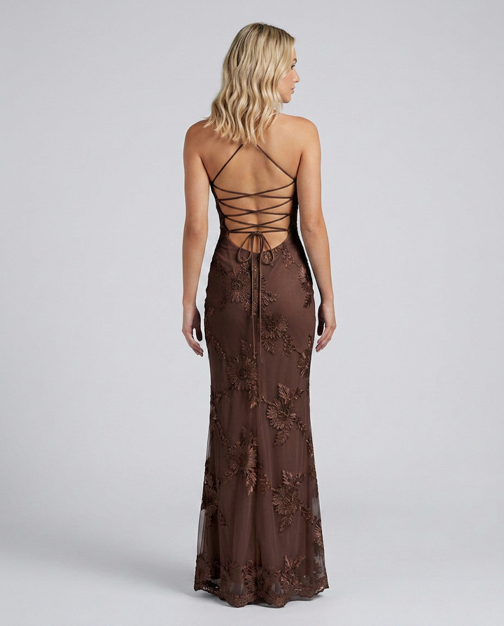 Summer maxi dress for women, vibrant floral appliqué, attractive lace-up back, party ready.