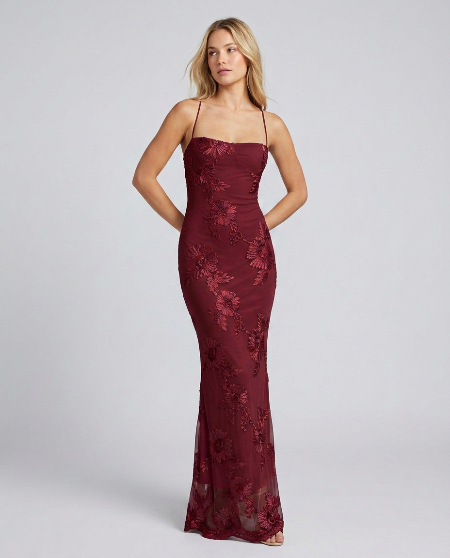 Beautiful floral appliqué maxi dress, women's elegant lace-up back, perfect for special occasions.