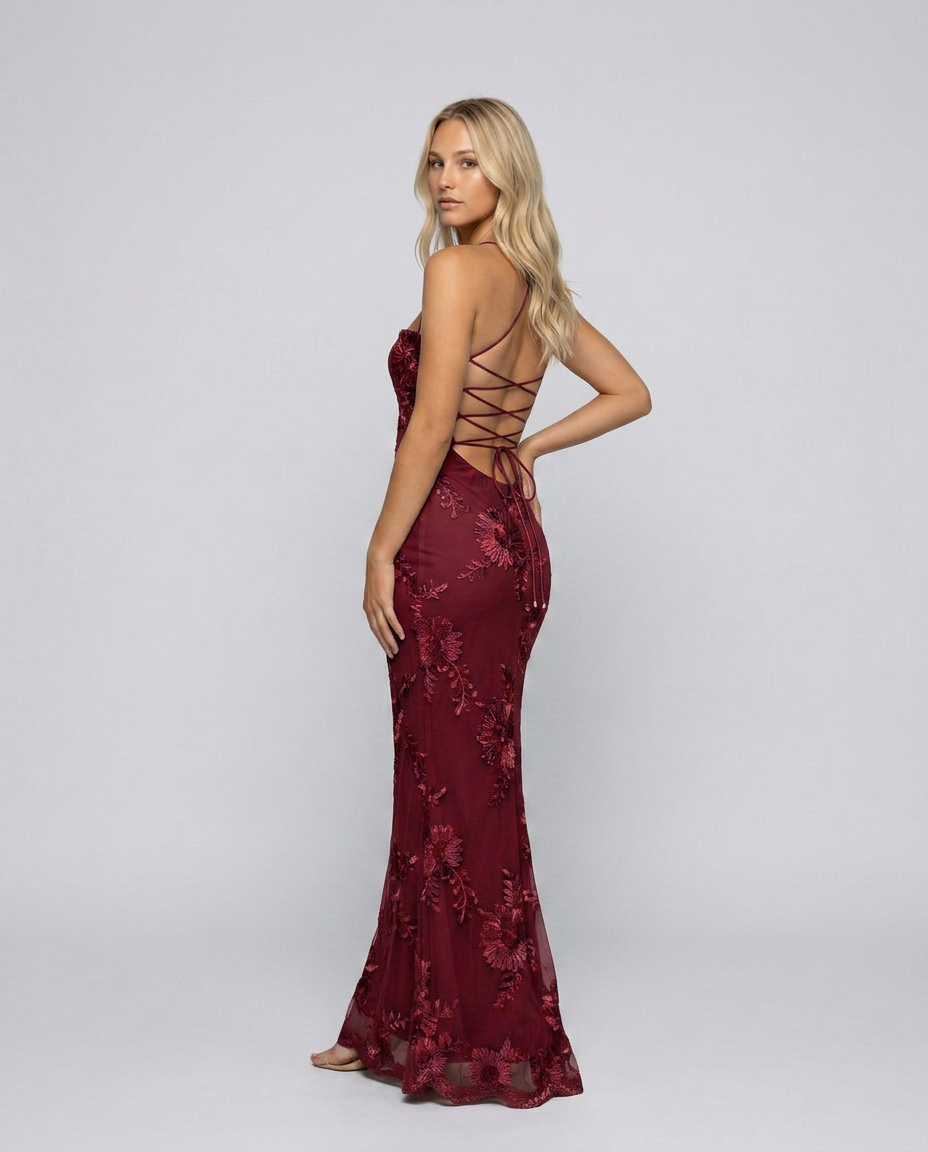 Chic women's party maxi dress, delicate floral appliqué, stylish lace-up back for an elegant look.