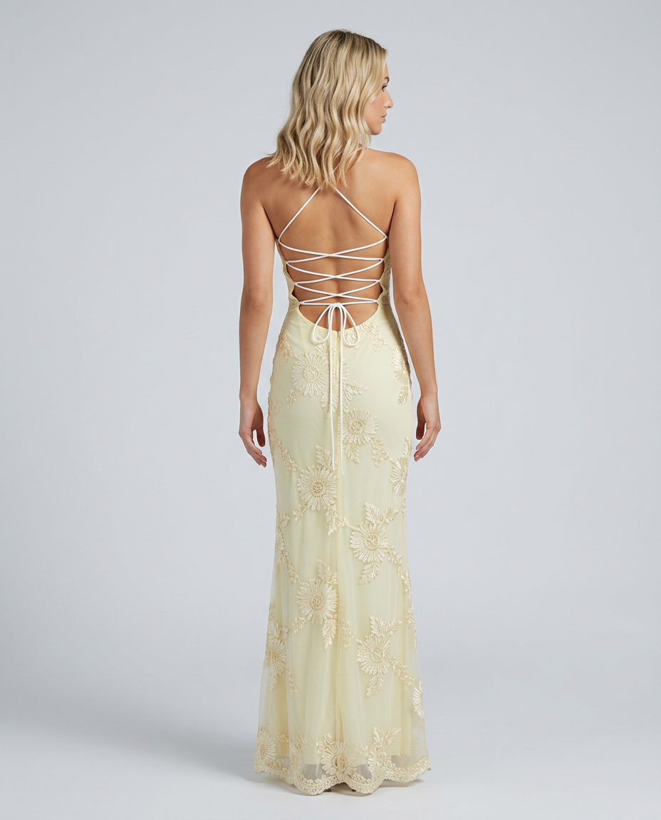 Women's formal maxi dress, floral appliqué detail, lace-up back, perfect for evening wear.