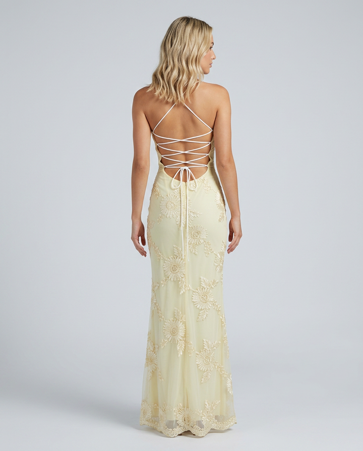 Women's formal maxi dress, floral appliqué detail, lace-up back, perfect for evening wear.