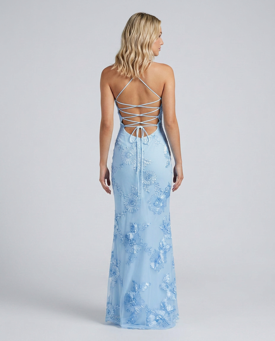 Women's wedding guest maxi dress with delicate floral appliqué and adjustable lace-up back.