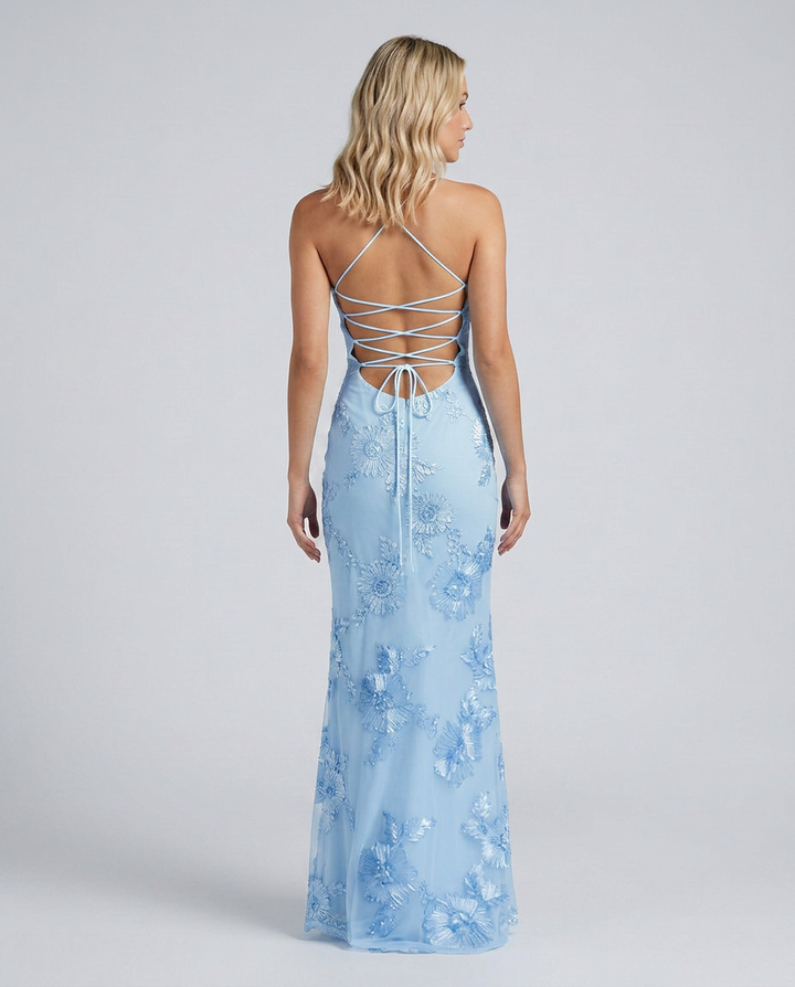 Women's wedding guest maxi dress with delicate floral appliqué and adjustable lace-up back.