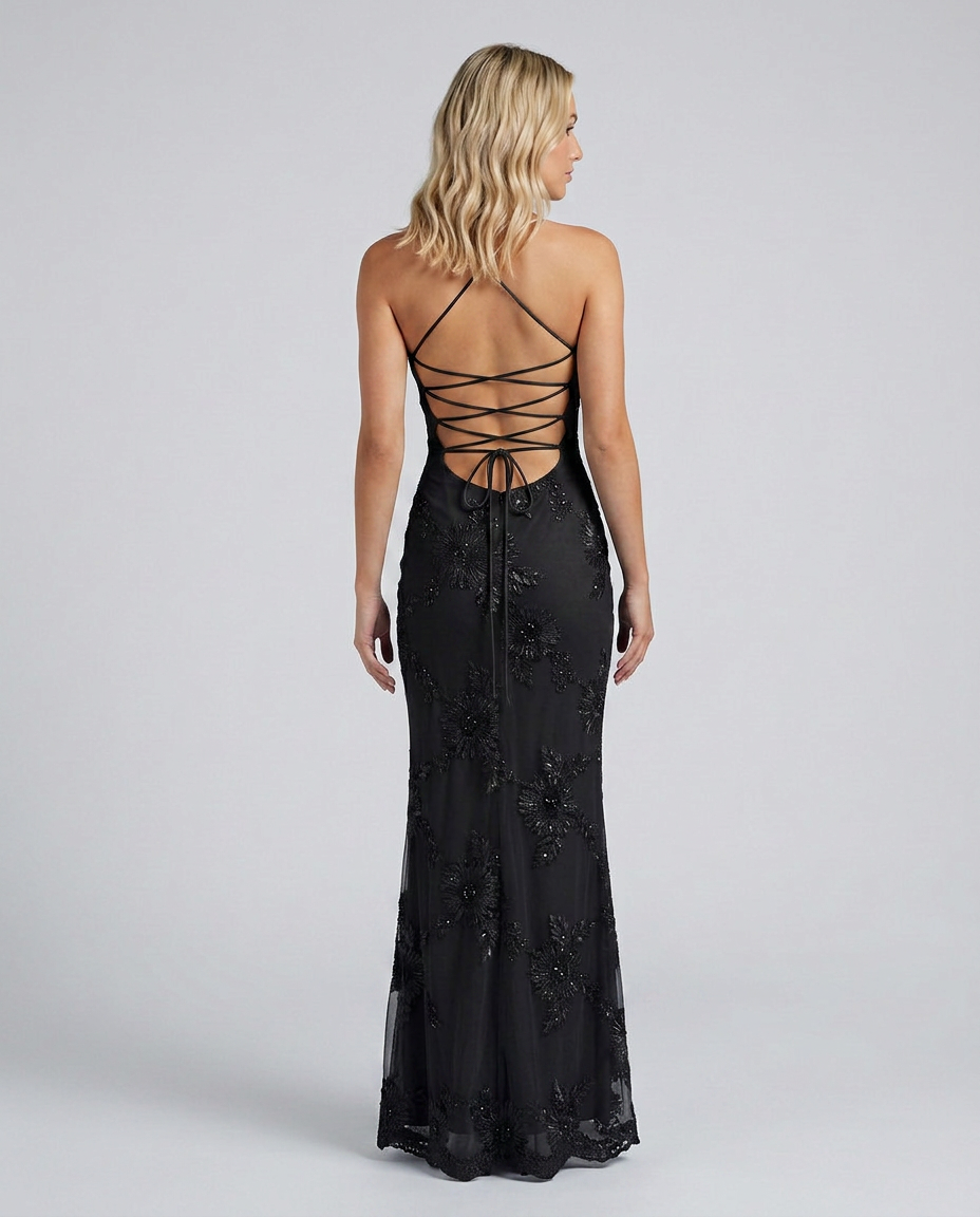 Graceful women's maxi dress, intricate floral appliqué, fashionable lace-up back, occasion wear.