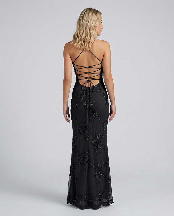 Graceful women's maxi dress, intricate floral appliqué, fashionable lace-up back, occasion wear.