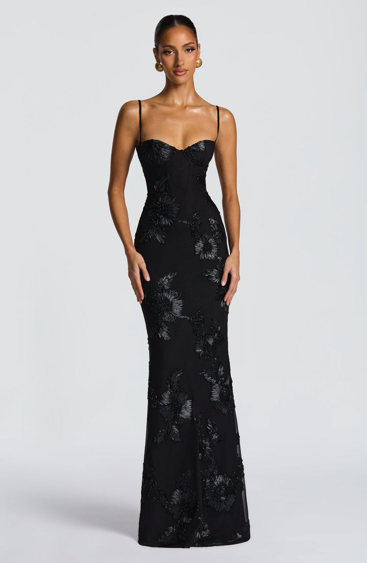 Exquisite women's elegant formal mermaid maxi dress with beautiful floral appliqué. Special occasion wear.