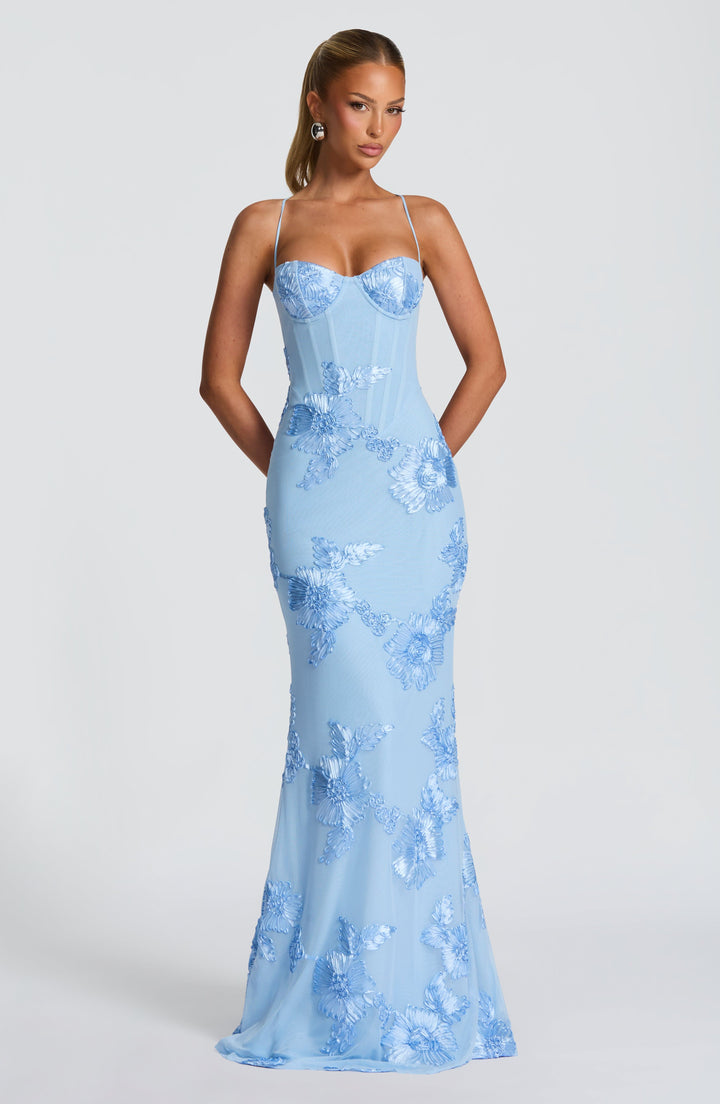 Graceful floral appliqué mermaid maxi dress. Women's elegant evening gown for formal events.