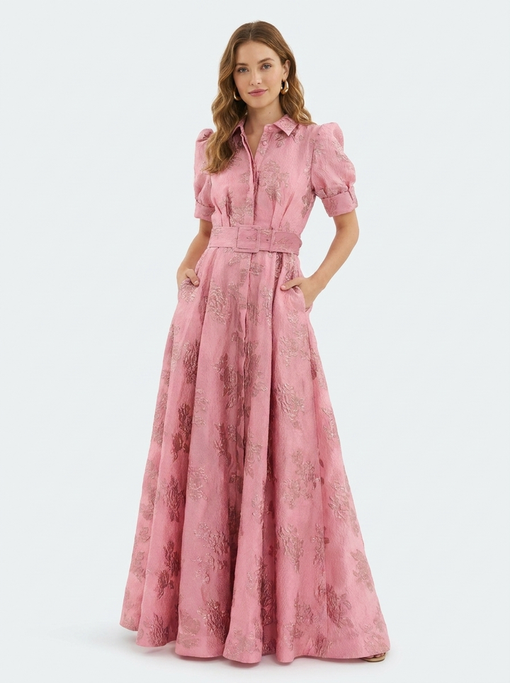 Elegant women's floral collared maxi dress for wedding guests. Perfect A-line evening gown with puff sleeves.