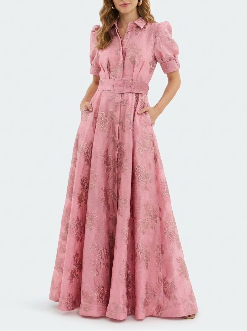 Chic women's floral maxi dress, ideal for garden party or special occasion. Sophisticated A-line with collared neckline.
