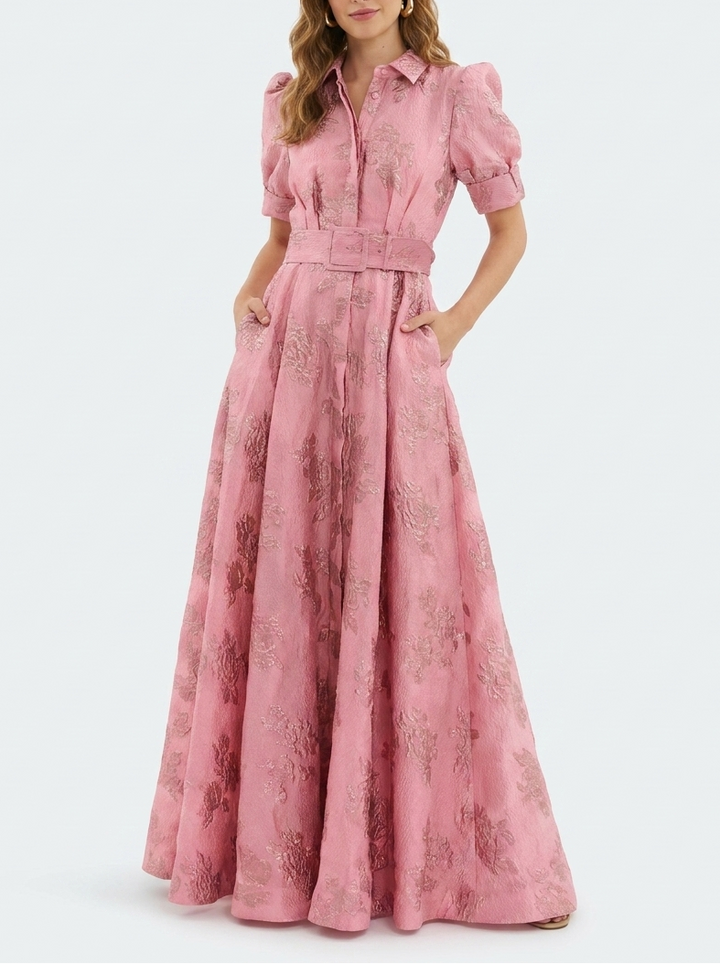 Chic women's floral maxi dress, ideal for garden party or special occasion. Sophisticated A-line with collared neckline.