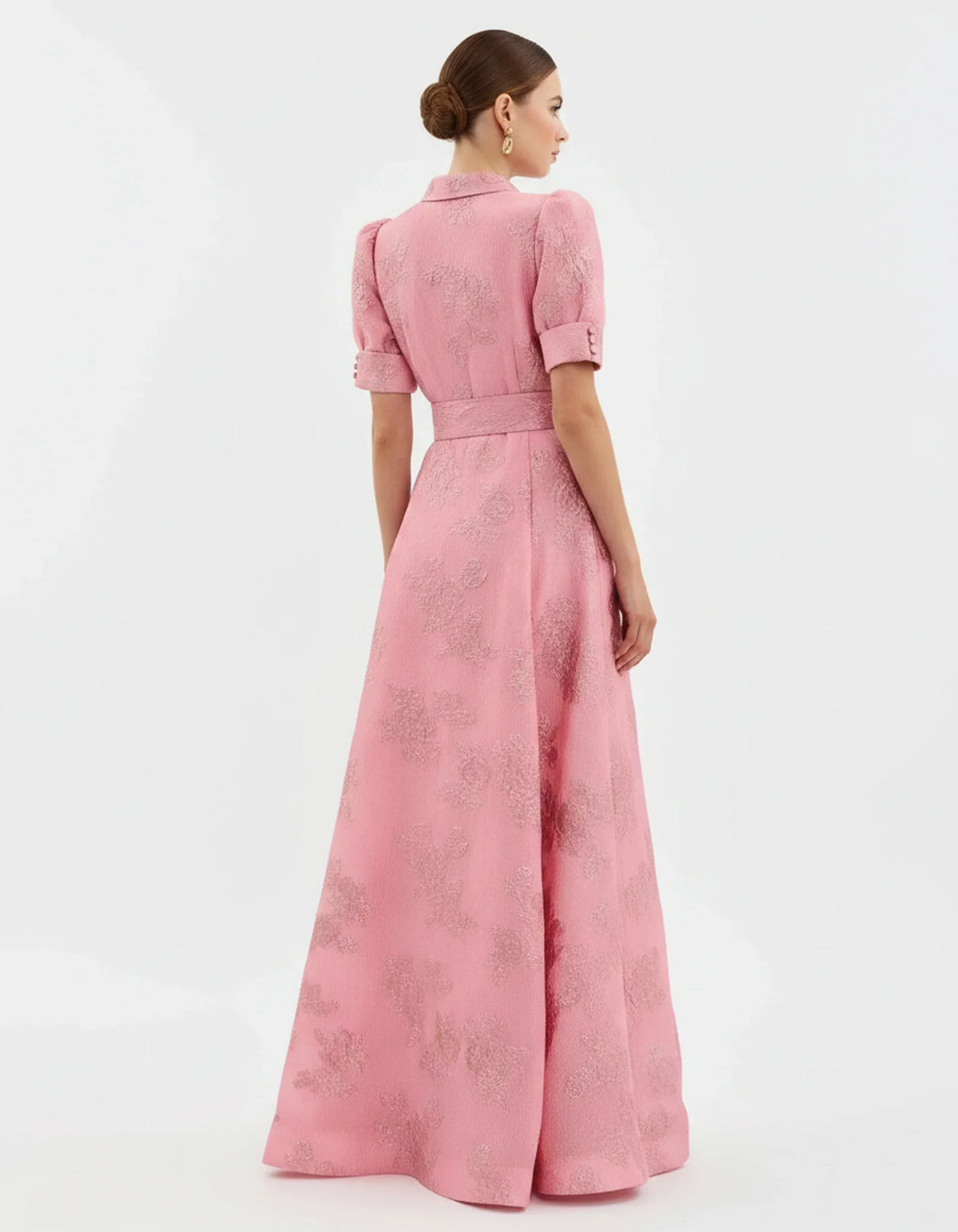 Timeless women's collared floral maxi dress with elegant puff sleeves. Perfect formal attire for a wedding guest.
