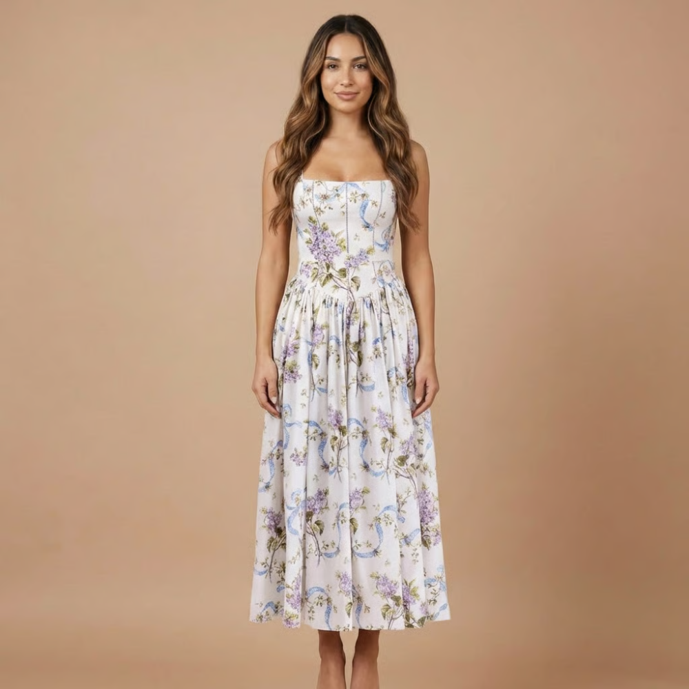 Elegant women's floral corset midi dress. Perfect wedding guest or party attire with a sleeveless A-line design.