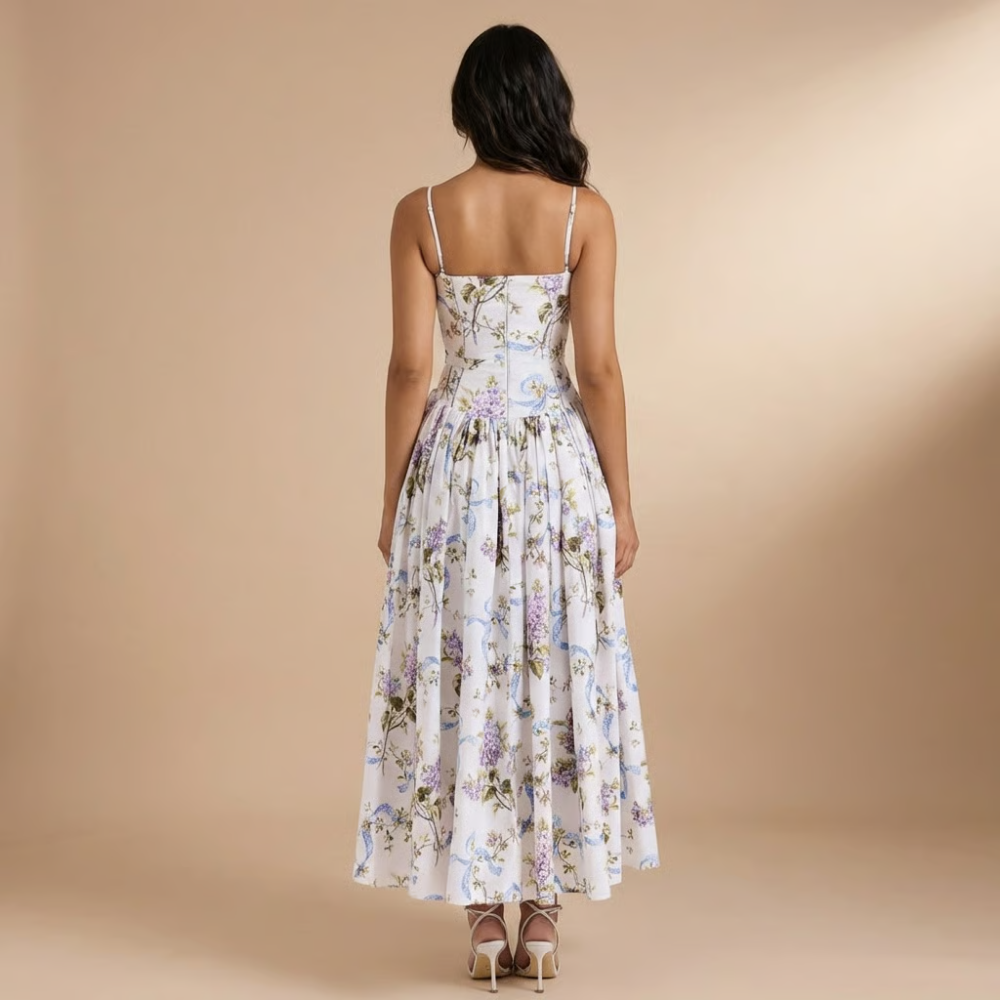 Sleeveless floral corset midi dress for women, featuring a gathered A-line skirt. Ideal for summer special occasions.