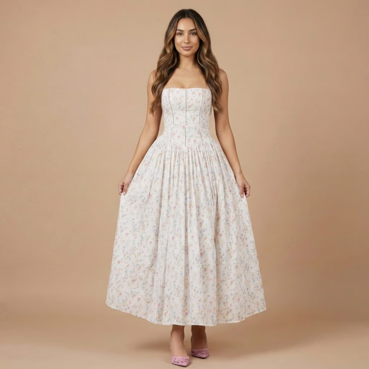 Chic women's floral midi dress with a structured corset bodice and flowing gathered skirt for parties & weddings.