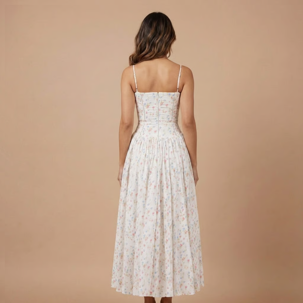 Beautiful floral print midi dress for women, with a flattering corset top and elegant A-line silhouette.