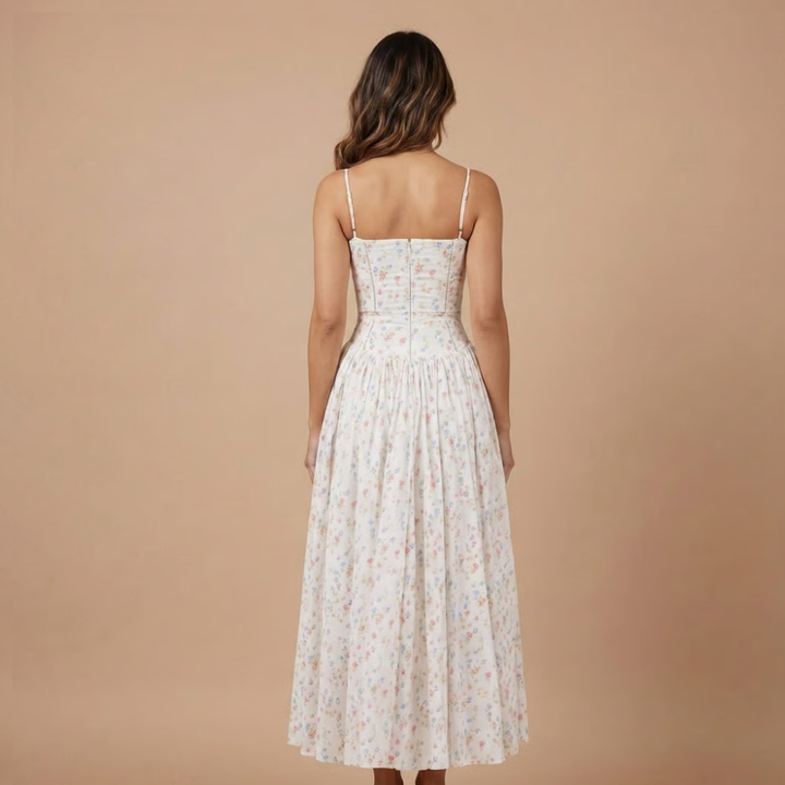 Beautiful floral print midi dress for women, with a flattering corset top and elegant A-line silhouette.