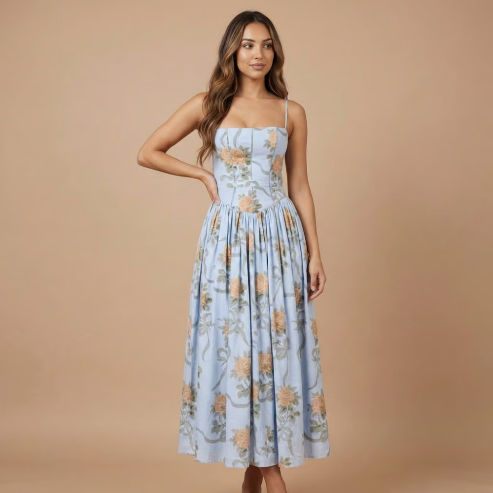 Stylish women's party dress: floral corset midi with a gathered skirt. Perfect for special occasions & cocktail events.