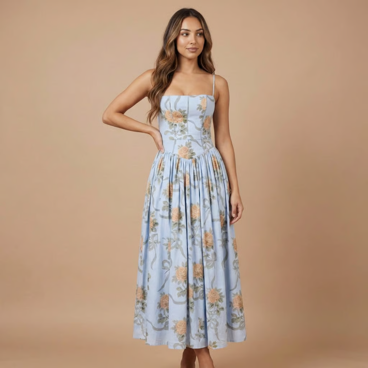 Stylish women's party dress: floral corset midi with a gathered skirt. Perfect for special occasions & cocktail events.