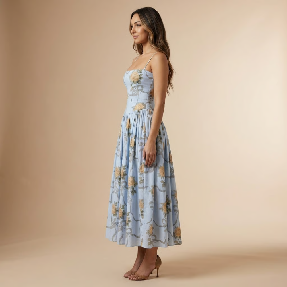 Summer floral midi dress, sleeveless with a corset bodice and A-line skirt. Ideal for wedding guests & events.