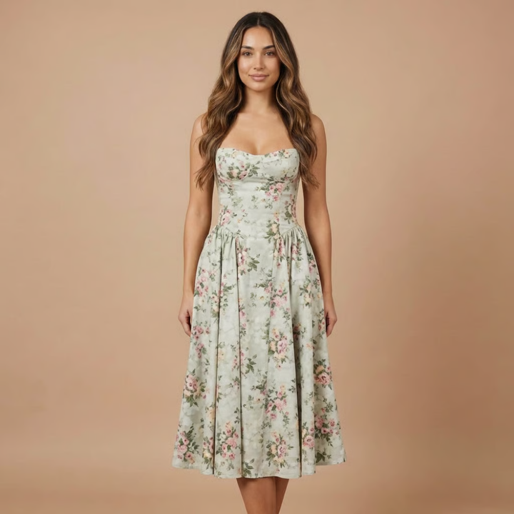 Women's sleeveless floral corset midi dress, featuring a gathered A-line skirt. Perfect for parties and special occasions.