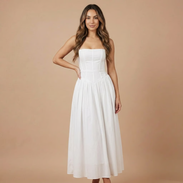 Elegant women's floral midi dress with a corset top and A-line skirt. Ideal for wedding guests and formal events.