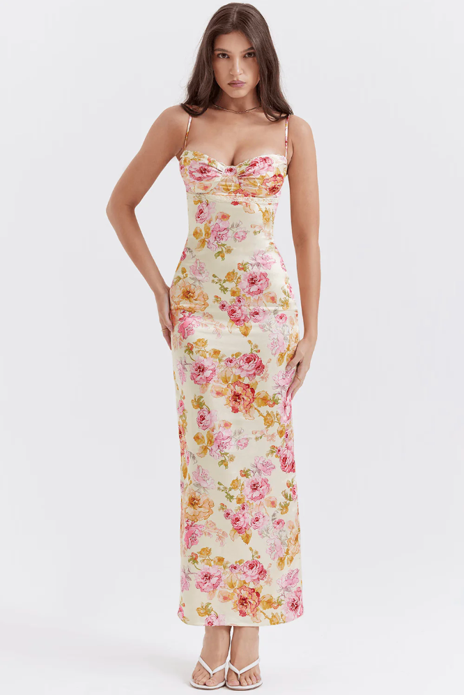 Elegant women's floral corset slip maxi dress, ideal wedding guest or party attire. Sleeveless, romantic summer style.