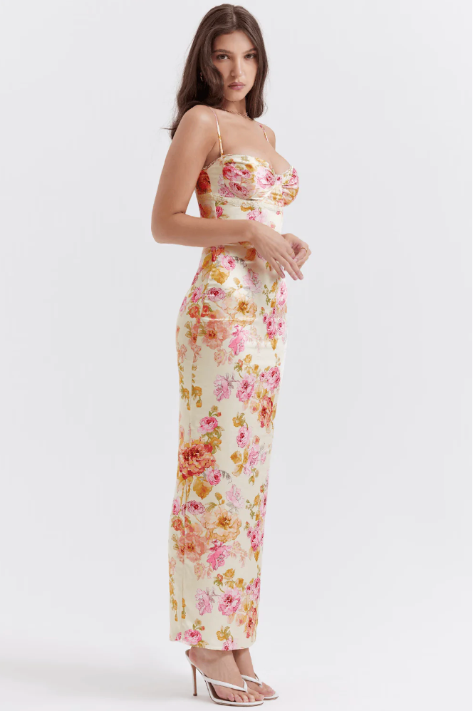 Summer-ready floral corset slip maxi dress for women. Elegant & romantic, perfect as a wedding guest or party dress.
