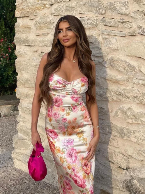 Women's elegant floral maxi slip dress with a sophisticated corset design, great for wedding guests and parties.
