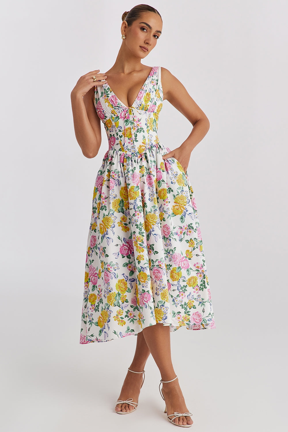Elegant women's floral corset v-neck midi wedding guest dress, perfect for summer garden parties. A-line design.