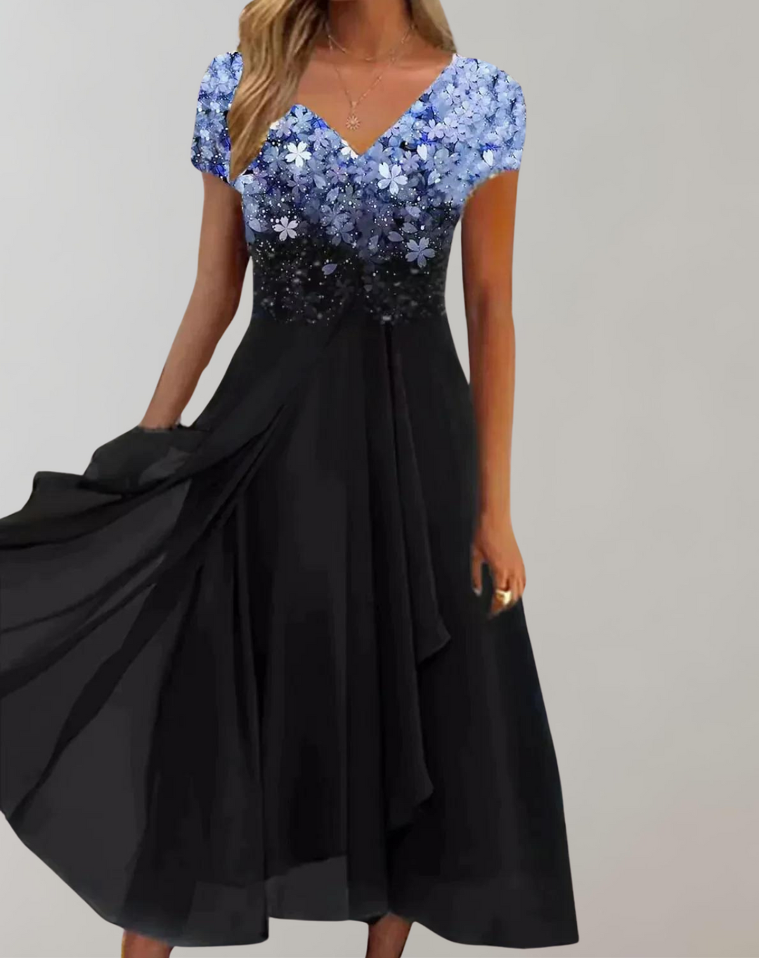 Elegant women's floral embellished midi dress with V-neck and short sleeves. Perfect for parties & special occasions.